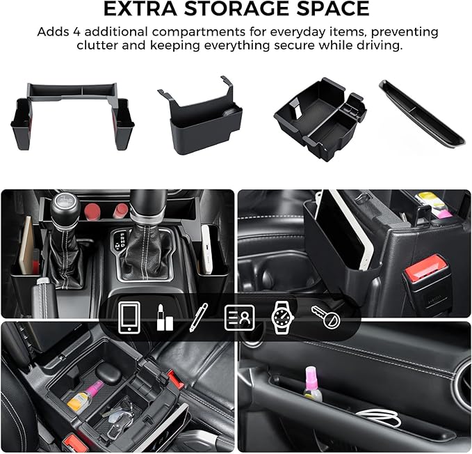 DIAMOOKY 4PCS Upgraded Center Console Organizer for Jeep Wrangler JL JLU 4xe 2018-2026 & Gladiator JT 2020-2024 2025 2026 Accessories Gear Shift Side Tray Hanging Armrest Storage Box (Not for JK/JKU)