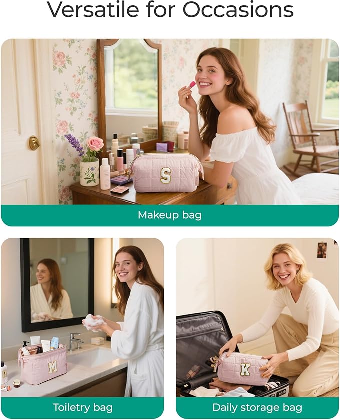 BAGSMART Birthday Gifts Personalized Initial Makeup Bag, Trendy Stuff Gifts for Women Bridesmaid Graduation, Puffy Padded Make Up Bags for Women, Wide-open Toiletry Bag, Pink S