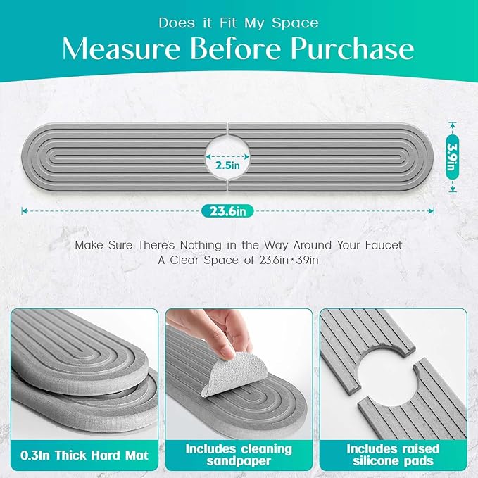 Stone Faucet Mat for Kitchen Sink – Diatomite Fast-Drying Stone Tray, Faucet Mat Sink Splash Guard, Decorative Sink Protector for Kitchen Bathroom Counter [Gray, 23.6''x3.9'']