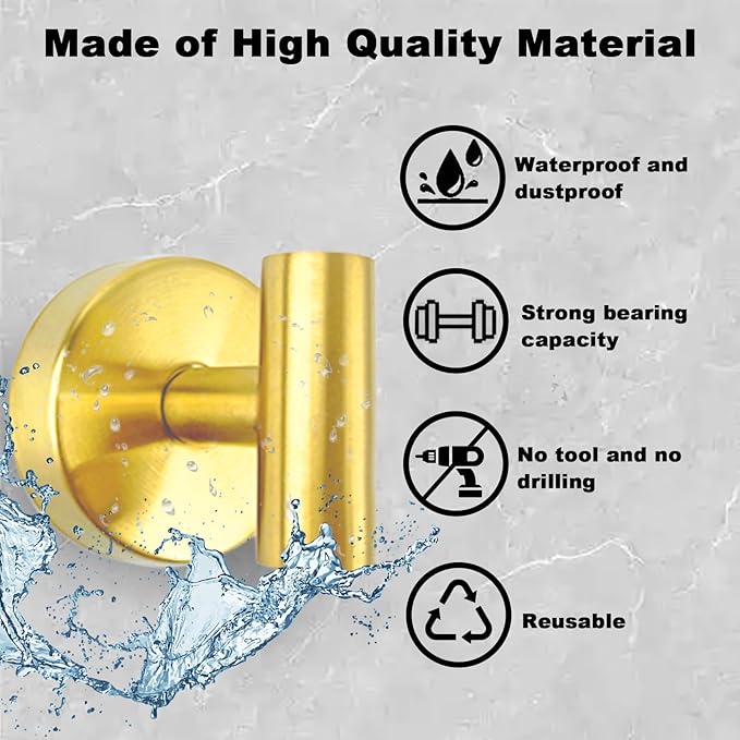 20 PCS Suction Cup Shower Towel Hooks, Wall Mount Robe Holder, Heavy Duty No Drill Wall SUS304 Waterproof Stainless Steel Hooks for Bedroom, Bathroom, Kitchen, Hotel and Office (Brushed Golden)
