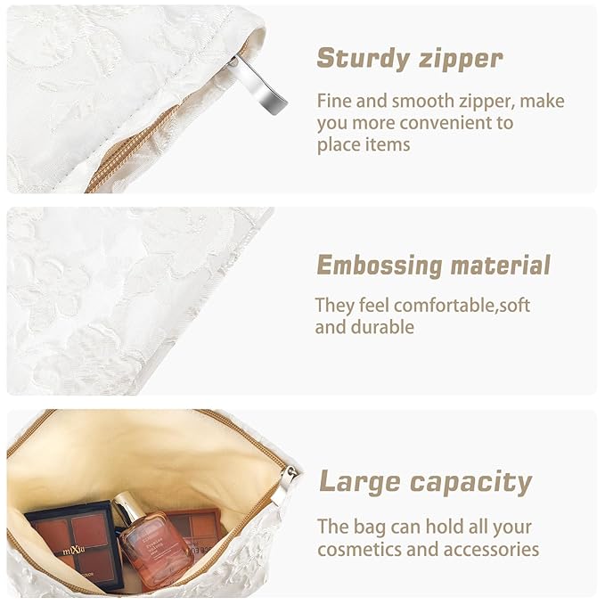 ZLFSRQ Flower Makeup Bag for Women Girls Teens Travel Cute Floral Cosmetic Bags Large Zipper Cosmetic Pouch for Purse Portable Toiletry Bag Aesthetic Embossed White Makeup Brushes Storage Organizer