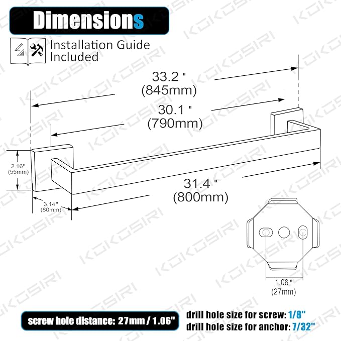 KOKOSIRI 32-Inch Single Towel Bar, Bathroom Kitchen Towel Holder, Wall Mounted SUS304 Stainless Steel Towel Rack, Brushed Nickel, B4003BR-L32
