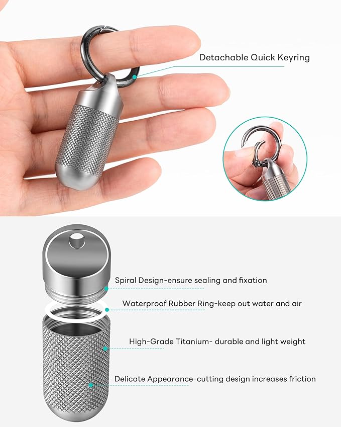 TISUR Titanium Keychain Pill Holder Small Metal Pill Case, Pill Organizer Portable Waterproof Pill Container, Travel Pill Bottle Box for Purse (Large-0.63inch)