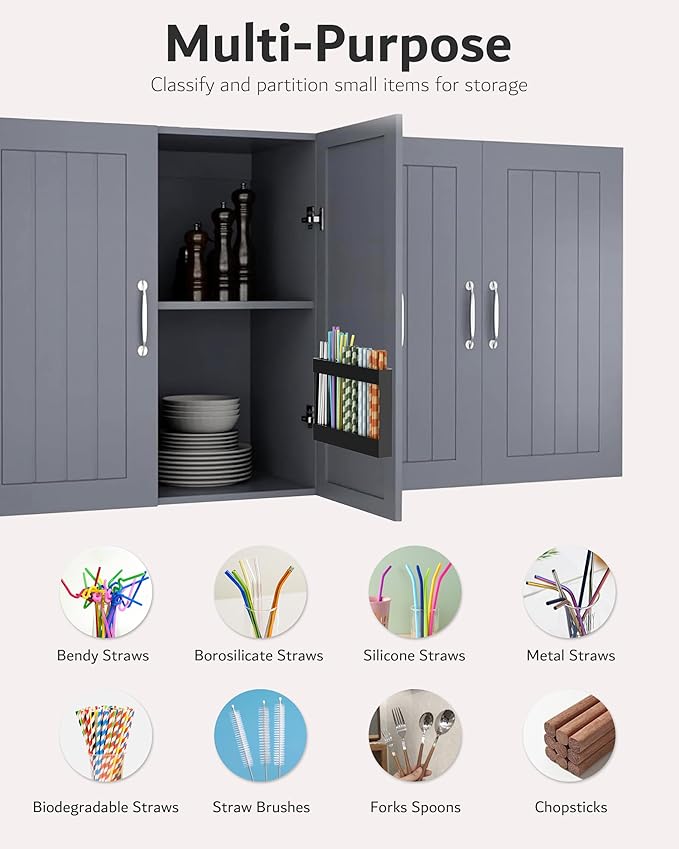Acrylic Straw Holder & Organizer - Compact, Adhesive Tape Included for Easy Installation - Perfect for Countertops, Cabinets, or Kitchen Storage (Black-5 Compartments)