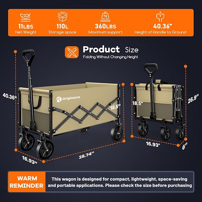 Originsure Collapsible Wagon Cart Foldable - Lightweight Portable Heavy Duty Folding Beach Wagons with Wheels - Outdoor Utility Carts for Grocery, Camping, Shopping, Sports with Large Capacity - Khaki