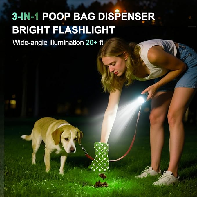 2-Pack Dog Poop Bag Holder with Flashlight 7-Color, USB-C Rechargeable doggie bag holder for leash, IPX6 Waterproof Anti-Slip Clip Pet Waste Bag Dispenser for Walking (60 Bags Included)