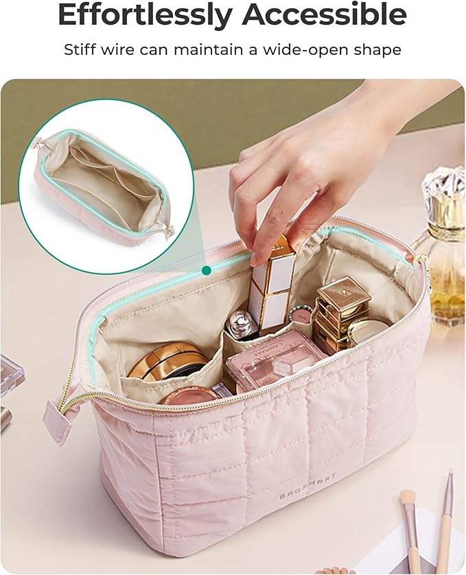BAGSMART Makeup Bag Travel Toiletry Bag, Puffy Padded Make Up Bags for Women Makeup Organizer Case, Wide-open Pouch Purse Travel Essentials Toiletries Accessories Brushes, Black