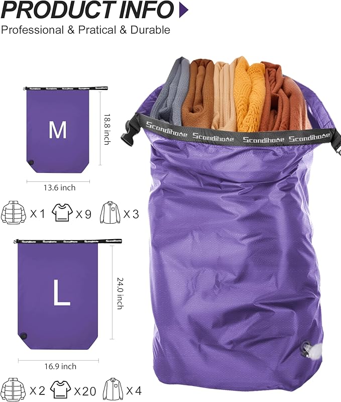 Travel Laundry Bag, Pump Free Vacuum Storage Bag Reusable Compression Dirty Clothes Travel Bag Waterproof Wet Dry Bags Large Capacity Space Saver Bags Camp Clothes Organizer (1 Pcs)(Purple, L)
