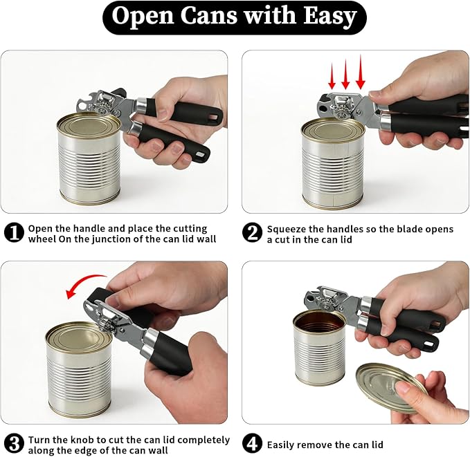 Can Opener Manual, Hand Heavy Duty Stainless Steel Bottle Opener Comfortable Handle, Sharp Blade Smooth Edge, Multifunctional Kitchen Tool, Black