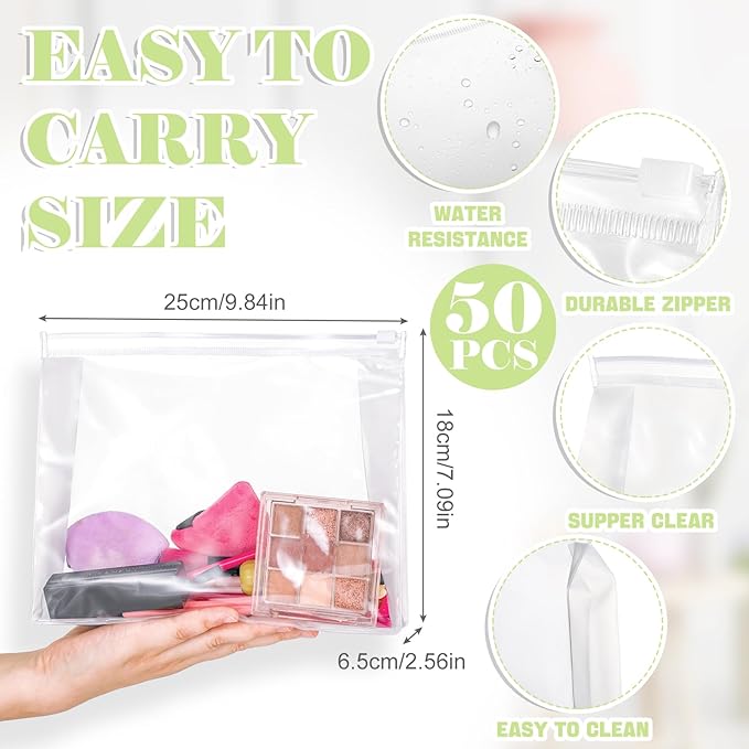 Xuniea 50 Pcs Mini Clear Makeup Bag Small Clear Zipper Pouch Travel Plastic Cosmetic Organizer Waterproof for Toiletries Swimsuit Bikini Bathing Suit(9.8'',Transparent)