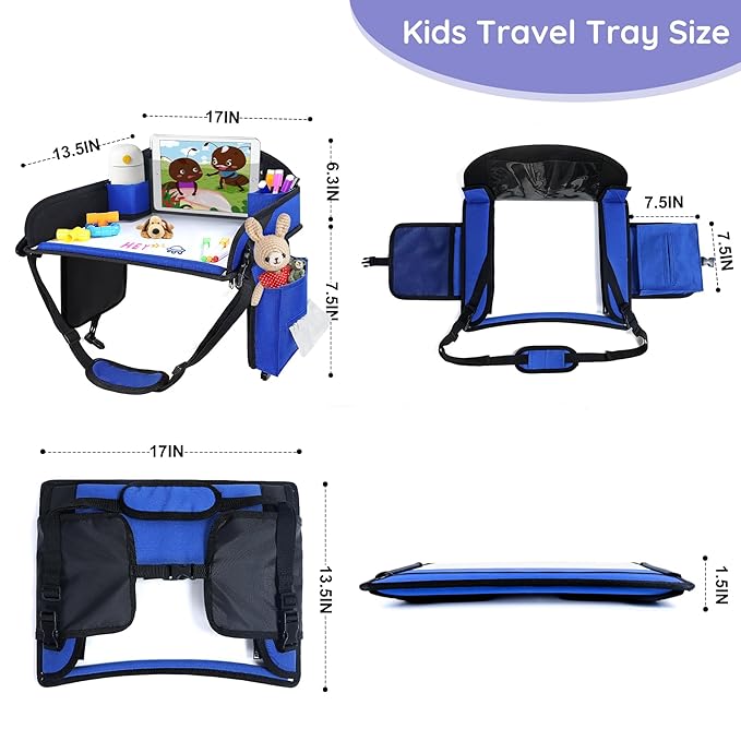 2Pcs‎ Kids Travel Tray, Kids Travel Trays for Car Seat, Road Trip Essentials for Toddler, Carseat Lap Tray with Dry Erase Board & Storage Organizer for Road Trip Activities for Kid, Blue