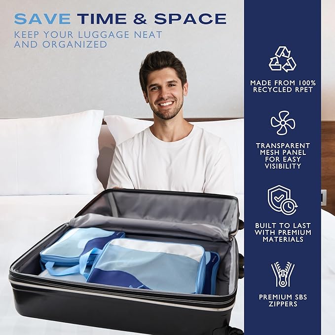 Compression Packing Cubes, 4 Set Packing Cubes for Travel, Travel Essentials for Men, Compressible Package Organizer for Suitcases, Navy Blue