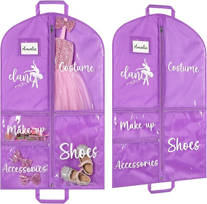 DEEKA Dance Garment Bag for Hanging Clothes with Zipper Pockets Dance Accessories Essentials Uniform Costume 40 Inch Dress Bags for Dance Competition Girls (Purple,White-Dance)