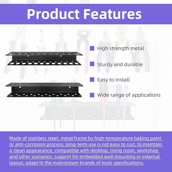 2 Pack Screwdriver Organizer Wall Mounted – Heavy Duty Rustproof Tool Organizer with Durable Design, Space-Saving Storage for Garage, Workshop, Home Workbench