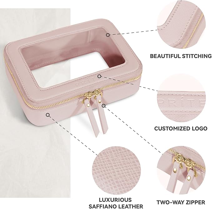 Prite Clear Makeup Bag Cosmetic Organizer Case Waterproof Travel Toiletry Bag Skincare Pouch with Golden Zipper (Pearlescent Pink)