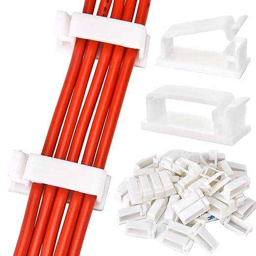 50Pcs Self Adhesive Cable Management Clips, Cable Organizers Wire Clips Cord Holder for PC Laptop Ethernet Cable Desktop Home Office (1.78’’ x 0.75’’ x 0.28’’, White)
