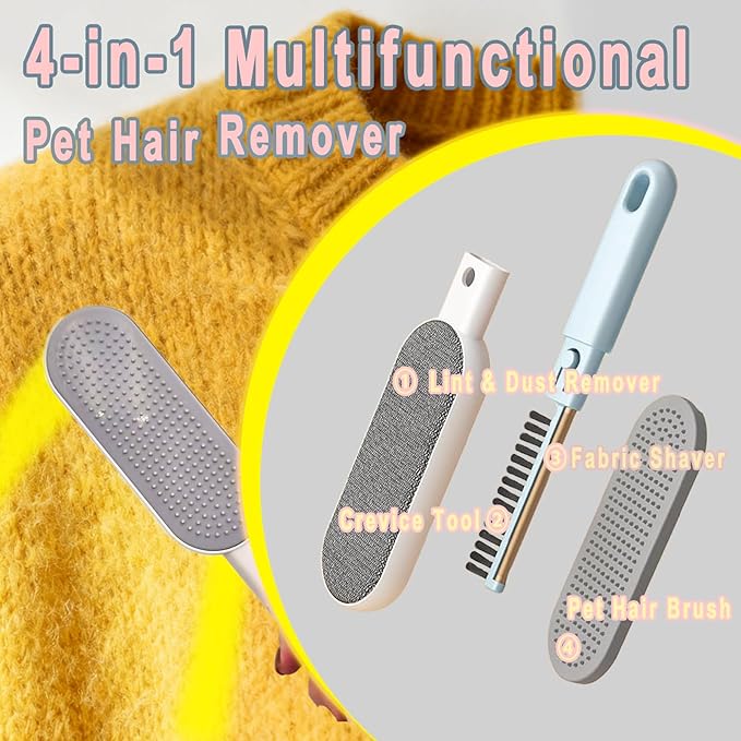VrythosNex 4-in-1 Pet Hair Remover for Couch, Car, Furniture - Portable Dog Cat Fur Hair Removal Tool with Detachable Brush, Lint Brush, Fabric Shaver, Crevice Tool (Pink)