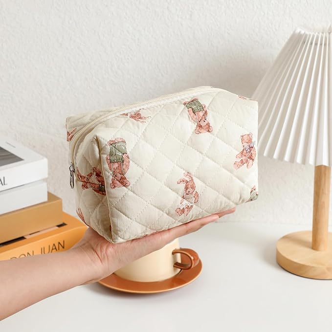 uekeboag 2pcs Small Quilted Cotton Makeup Bag for Purse, Cosmetic Bag with Compartments, Cotton Aesthetic Makeup Bag, Travel Toiletry Pouch, Lipstick Bag Card Holder Data Cable Organizer (Bear Set)