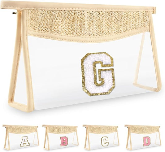 Personalized Initial Letter Bag Boho Straw Clear Makeup Bag, Small Cute Chenille Varsity Letter Bag With Zipper, Beach Travel Toiletry Bag, Portable Monogrammed Cosmetic Bag for Women Girls, G