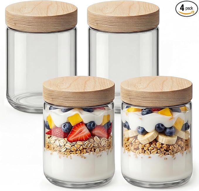 16oz 4 Pack Overnight Oats Containers with Lids, Glass Mason Jars with Ashwood Wood Airtight Lids, Wide Mouth Meal Prep Storage Jars for Yogurt, Chia Pudding, Salad, Snacks, Spice