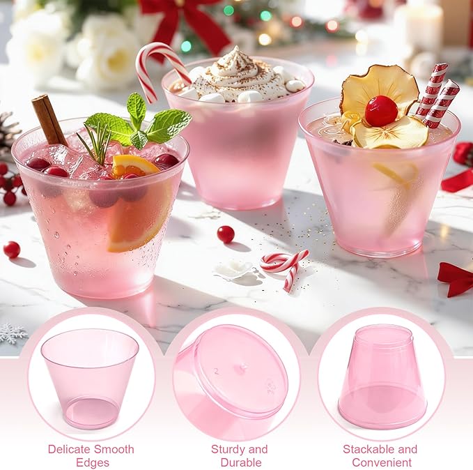 9 oz Clear Plastic Cups Pink Plastic Disposable Cups for Cocktail 50 Pack Fancy Cocktail Cup for Party Stemless Wine Glasses for Wedding Graduation Birthday