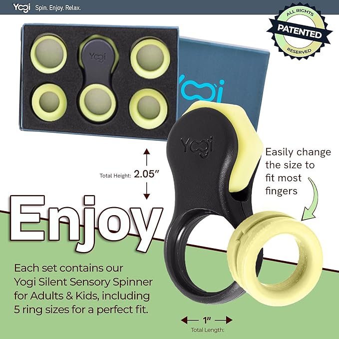 Yogi Fidget Toy – Silent Sensory Spinner for Adults & Kids – Stress Relief Fidgets for ADHD, Anxiety – Fidget Toys for Adults – Includes 5 Finger-Fit Rings – Work, School & Travel – 2-Pack