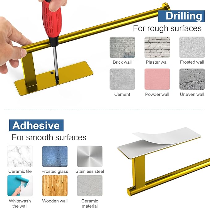 CUXIXA Paper Towel Holder Under Cabinet, Upgraded Adhesive Paper Towel Holder Wall Mount for Kitchen, Bathroom, RV, Bend-Resistant, Self-Adhesive or Drill Mounting, Stainless Steel, Gold