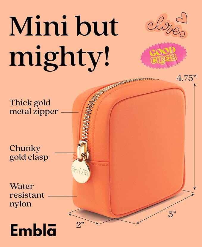 Embla Makeup Bag Travel Cosmetics Pouch and Toiletry Bag, Nylon Zipper Pouch Purse, Cute Make Up Organizer Storage Tote for Women Girls, Waterproof Travel Skincare Case, Small Makeup Bags, Peach