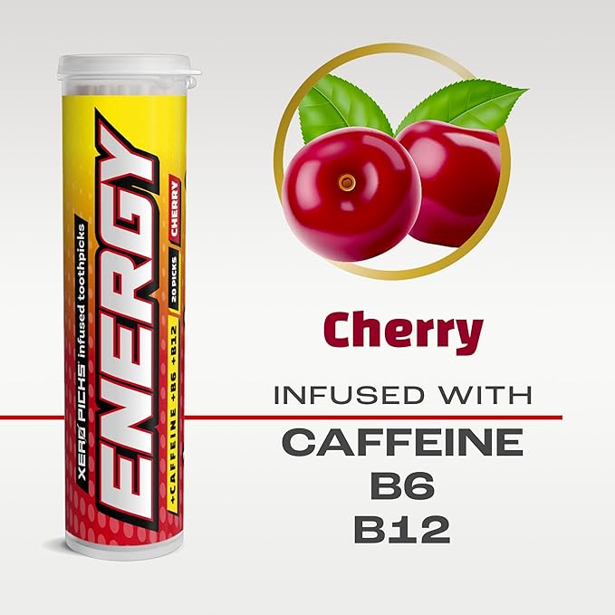 Xero Picks Energy Caffeine Flavored Toothpicks B12 for Focus & B6, 60 Picks (Pack of 3) (Cherry) Sugar-Free Alternative to Energy Mints & Gum - Kosher