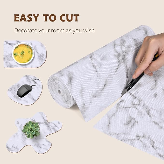 Shelf Liners for Kitchen Cabinets 12in x 30FT, Non Adhesive Drawer Liner Marble Pattern Thickened Shelf Liner Non-Slip Easy to Clean for Tool Box Refrigerator with Knife and Tape Measure
