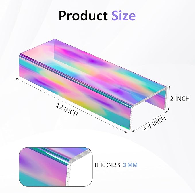 Acrylic Shelf Riser 12x4.3x2 pack of 2, Iridescent Display Shelf 12” for Shoes, Glasses, Plants, Home Decors, Perfume, 12x4.3x2 Inch