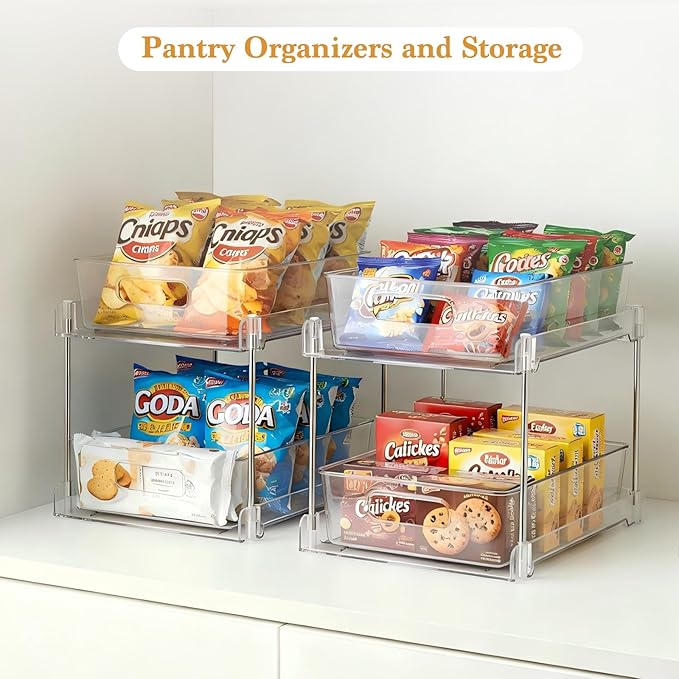 1 Pack 2-Tier Bathroom Organizers and Storage, Clear Under Sink Organizer Vanity Countertop Storage Pantry Organizers, Pull-Out Cabinet Organizer With Track For Bathroom, Kitchen, Pantry