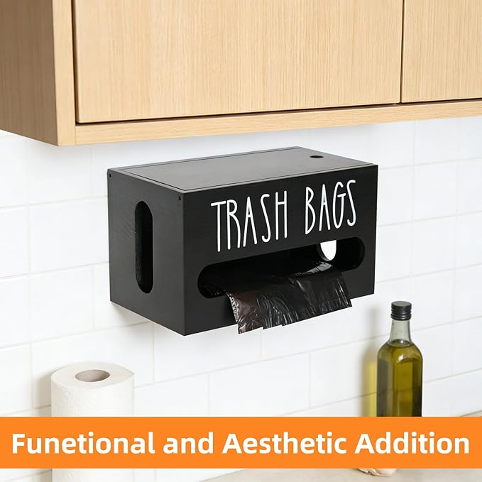 Trash Bag Dispenser, Wall Mounted, Small Wood Trash Bag Holder, used in kitchen, garage, laundry room, can store environmentally friendly food bags and garbage bags (Black/Small)