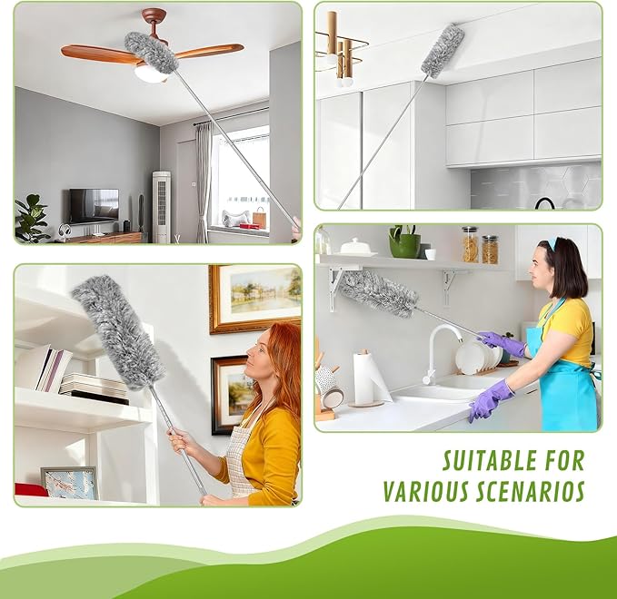 100-inch Duster with Extension Pole, 8-in-1 Cobweb Duster Kit Includes Chenille Head & Retractable Gap Cleaner, Spider Web Brush for High Ceiling, Fan, Car, and Home Cleaning