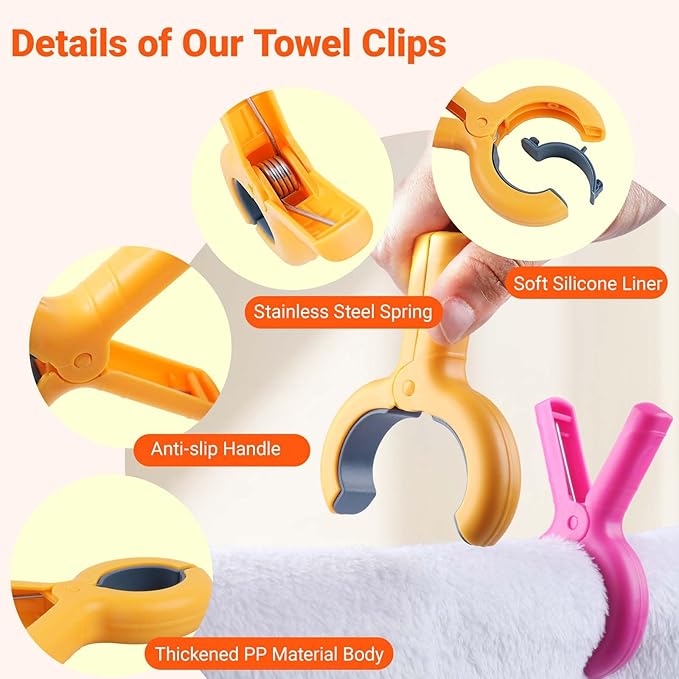 12 Pack Beach Towel Clips for Beach Chairs, Large Towel Clips for Beach Chairs Pool Chairs on Cruise, Windproof Plastic Clothes Pins Heavy Duty Outdoor 6 Colors