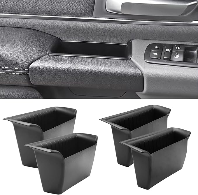 TTCR-II for Ram 1500 Door Side Organizer Tray 2019 2020 2021 2022 2023 2024 2025 2026, for Ram 1500 Door Pocket Insert 4 Pcs with White-Lines Mats (Does not fit 2500 3500)