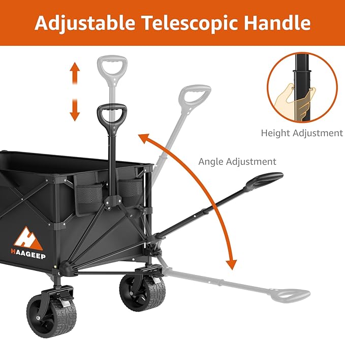 Collapsible Wagon Cart with Wheels Foldable - Folding Utility Heavy Duty Wagons Carts for Grocery Sports Garden Shopping Camping Wheelbarrows (Black, 220L)