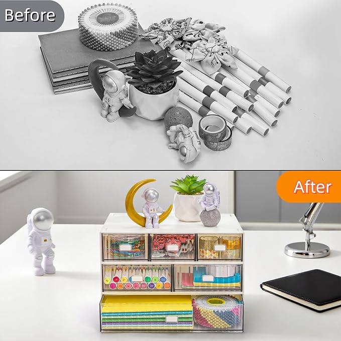 Hacaroa 3 Tier Mini Desk Organizer with 6 Drawers, Plastic Desktop Drawers Storage Box, Stackable Makeup Organizer Craft Storage Case for Office, School, Bathroom, Detachable Design, White