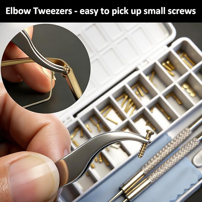Gold Eyeglass Repair Kit with 18 Sizes Gold-Plated Screws, 1.4mm Precision Screwdrivers, Tweezers, Nose Pads & Cloth - Compact Eye Glass Repairing Kit for All Eyewear Types