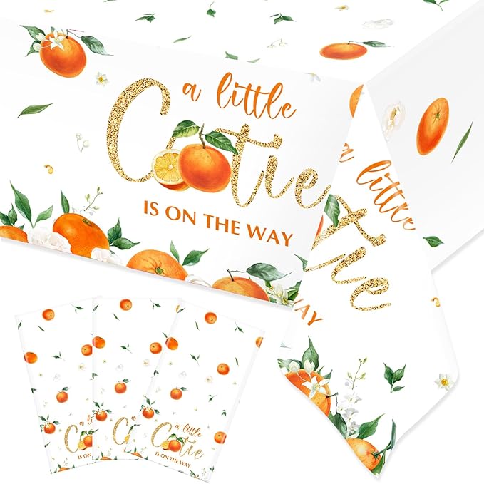 Ganeen 3 Pcs Little Cutie Baby Shower Tablecloth Disposable Plastic Tangerine Tablecloth Little Cutie Is on the Way Table Cover for Baby Shower Decor Orange Fruit Birthday Party Supplies 54 x 108 Inch