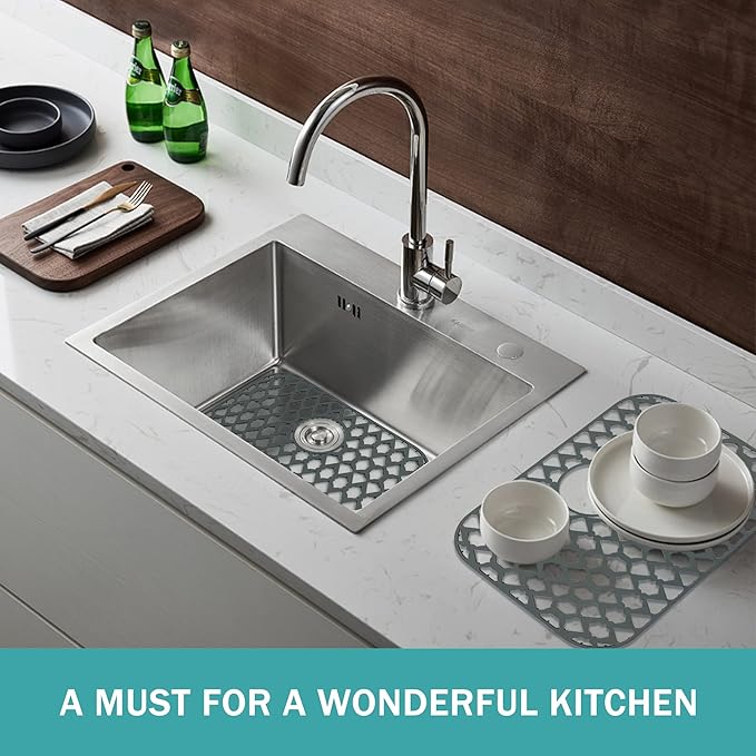 Sink Protectors for Kitchen Sink, Kitchen Sink Accessory - Silicone Mats Grid for Stainless Steel Strainer Bottom of Farmhouse Porcelain sinks (19”x14”, Rear Drain)