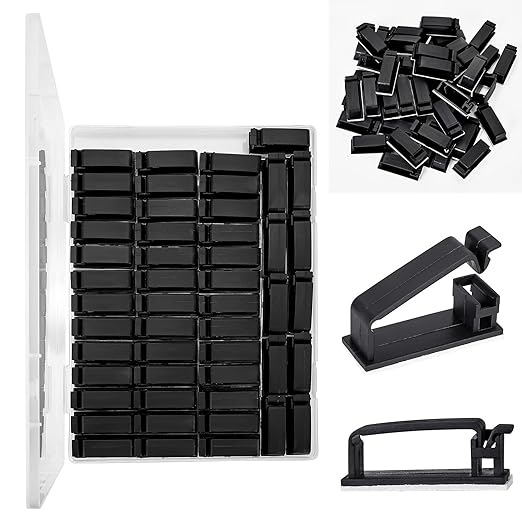 50Pcs Self Adhesive Cable Management Clips, Cable Organizers Wire Clips Cord Holder for PC Laptop Ethernet Cable Desktop Home Office (1.52’’ x 0.59’’ x 0.57’’, Black)