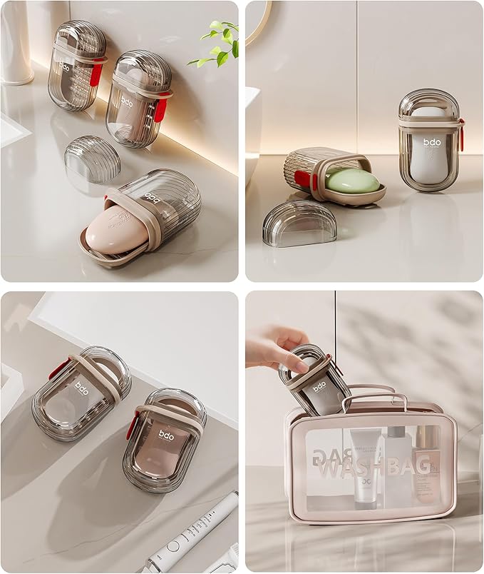 Travel Soap Case, Leakproof Soap Container with Lid, Portable Bar Soap Holder for Traveling, Soap Dish for Bathroom, Shower, Gym, School, Camping, Vacation, Outdoor-Transparent-Black