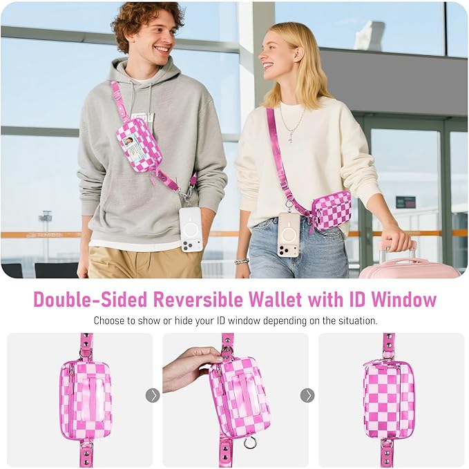 Clip and Go Strap for Phone with Wallet Crossbody Phone Lanyard and Detachable Checkered Bag with ID Window and RFID Pouch for Daily Travel.