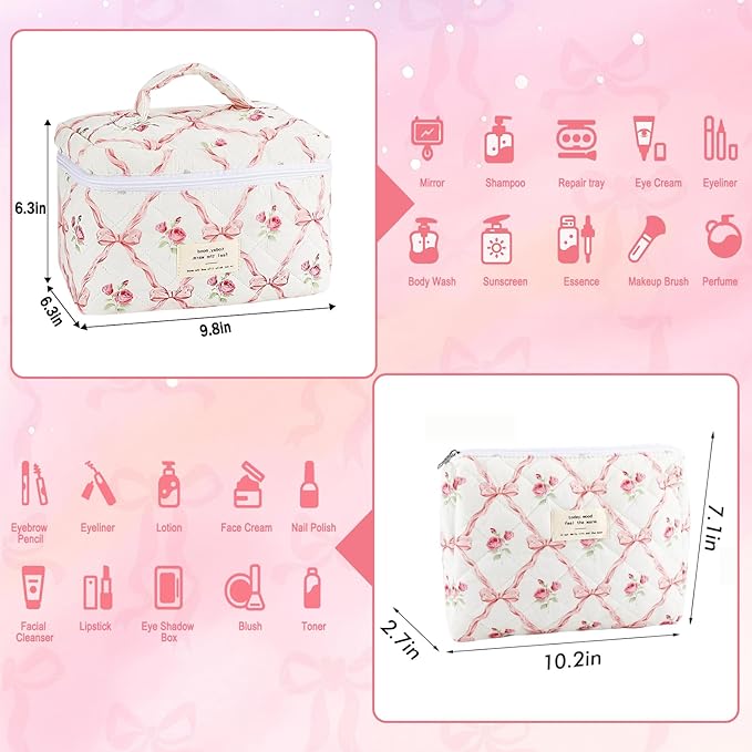 2Pcs Cotton Quilted Makeup Bag for Women Girls Large Small Travel Floral Cosmetic Bags Set Cute Coquette Pink Makeup Pouch for Purse Aesthetic Cloth Flower Storage Toiletry Bag Organizer
