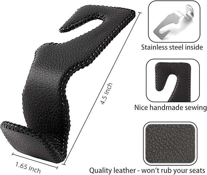 AMVOYOA Headrest Hooks for Car, Back Seat Organizer Gray Leather Hanger Holder Hook, for Hanging Purses and Bags and Coats, Pack of 2