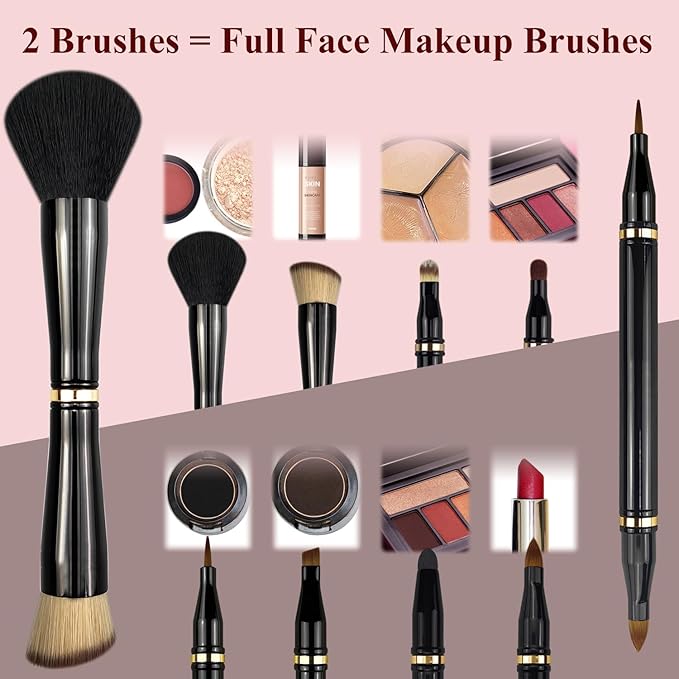 2 Pcs 4 in 1 Makeup Brush Set - Travel Size Powder/Blush, Foundation, Blending, Eye & Lip Brushes