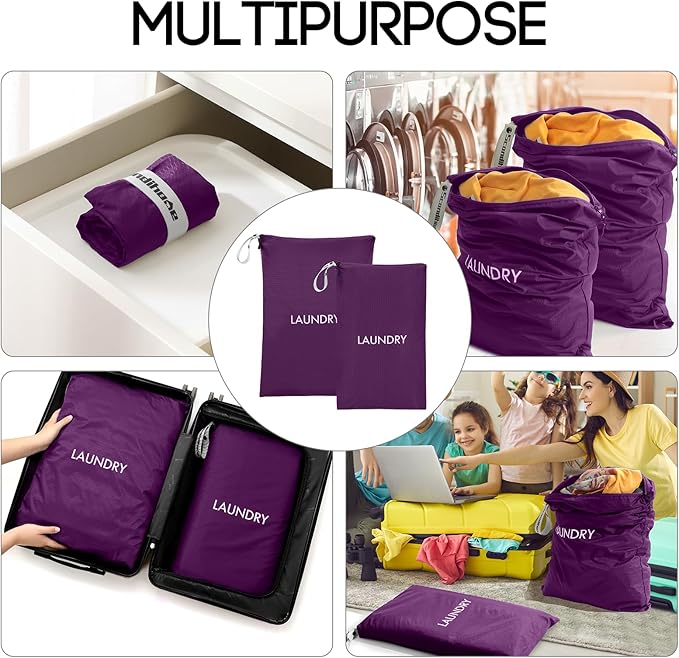 Travel Laundry Bag (2 Pcs - Large + Medium) - Foldable Waterproof Washable Wet Dry Bag for Gym, Swimming, Yoga, and Workout Perfect for Dirty Clothes, Bathing Suits, Travel Accessories (Purple)
