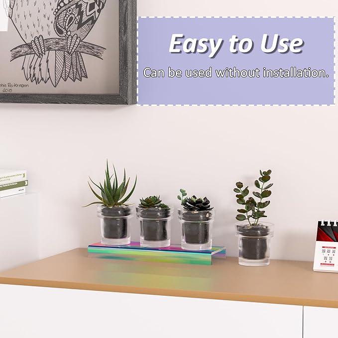 Acrylic Shelf Riser 12x3.9x1 pack of 2, Iridescent Display Shelf 12” for Shoes, Glasses, Plants, Home Decors, Perfume, 12x3.9x1 Inch