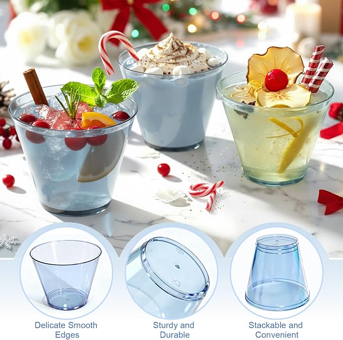 9 oz Clear Plastic Cups Blue Plastic Disposable Cups for Cocktail 150 Pack Fancy Cocktail Cup for Party Stemless Wine Glasses for Party Wedding Graduation Birthday